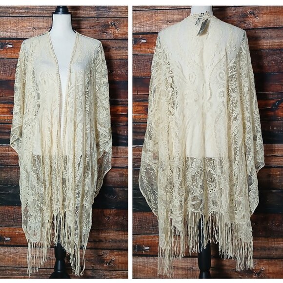 NWT Torrid Top One Size Lace Natural Cream Ruana Kimono Wrap Fringe - Picture 3 of 8